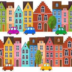 Obraz na płótnie Canvas Colorful european houses seamless pattern. Streets with trees and cute retro cars. White background