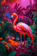 Tropical summer pink background with palm leaf, exotic animal concept. Flamingo, wild beautiful animal. Illustration, Generative AI.