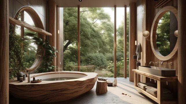 The natural beauty of this organic architecture bathroom is highlighted by the use of earthy materials, such as a wooden vanity and natural stone tiles. Generated by AI.