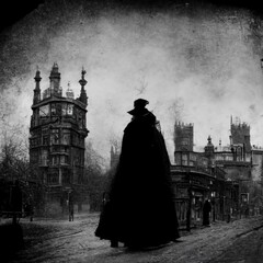 Jack the Ripper: A Menacing Figure in a Black Cloak in Victorian Era London - obrazy, fototapety, plakaty