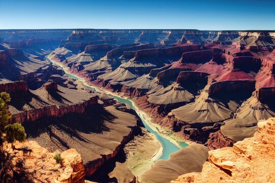Captivatingly Realistic Depiction of the Majestic Grand Canyon and Colorado River in Vibrant Colors