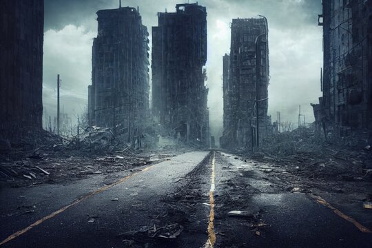 Hyperrealistic Depiction of a Post-Apocalyptic Cityscape, Where Nature Reclaims its Territory and Humanity is Left to Survive Among the Ruins