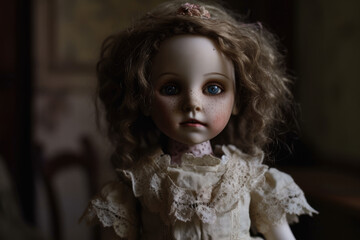 Fototapeta premium Creepy portrait of a doll created with AI