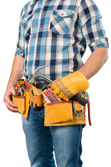 Worker with a tool belt. Isolated over white background.