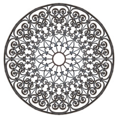 Old italian wrought iron grating with floral decorations against a white background for easy selection