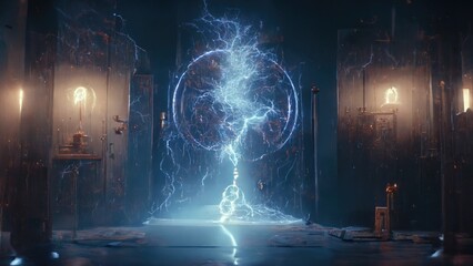 Electric Portal: Tesla Coil Lightning Charge Illuminates the Wizard's Power - obrazy, fototapety, plakaty