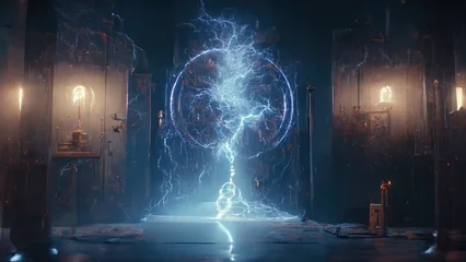 Fotobehang Electric Portal: Tesla Coil Lightning Charge Illuminates the Wizard's Power © Arnolt