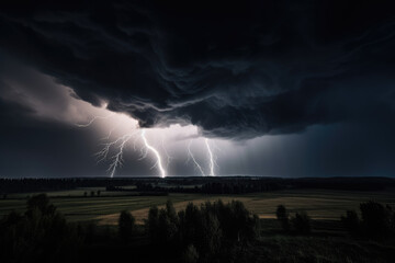 Naklejka na ściany i meble Stormy night sky with lightning and dark clouds created with AI