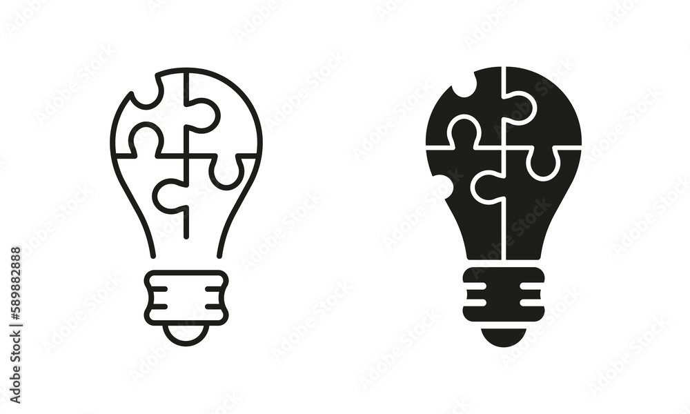 Poster light bulb with jigsaw puzzle idea line and silhouette icon set. innovation, inspiration, think. lig