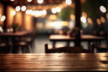 Abstractly Blurred Restaurant Scene with Wooden Table as Focal Point - obrazy, fototapety, plakaty