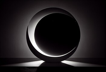 A circular lamp creating an impression of a total eclipse in darkness. Generative AI