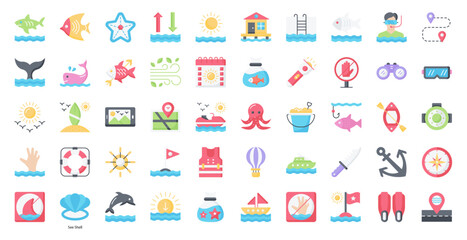Sea Life Flat Icons Fish Octopus Icon Set in Color Style 50 Vector Icons 