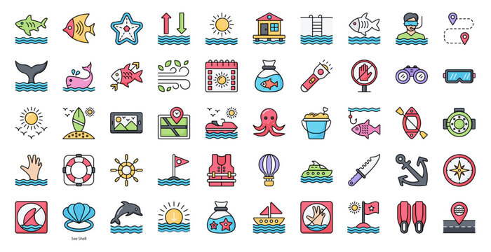Sea Life Color Line Icons Fish Octopus Icon Set in Filled Outline Style 50 Vector Icons