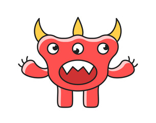 Cute monster icon. Creepy red mutant with sharp fangs, teeth and horns. Crazy spooky alien. Scary funny character. Cartoon flat vector illustration isolated on white background