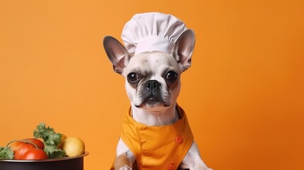 French bulldog in a chef's hat on an orange background, place for your text, banner. AI generated