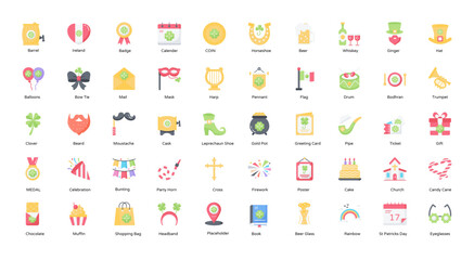 St. Patricks Day Flat Icons Irish Festival Icon Set in Color Style 50 Vector Icons
