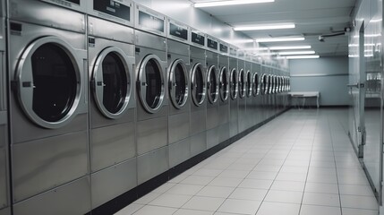 Obraz premium Laundry, washing machines in a row. AI generated