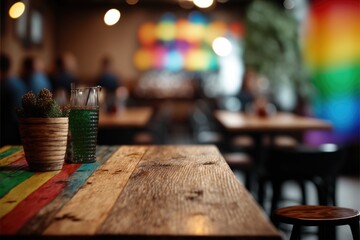 Wooden Tabletop at a Vibrant Pride Cafe or Bar: A Colorful and Inclusive Decorative Display - obrazy, fototapety, plakaty