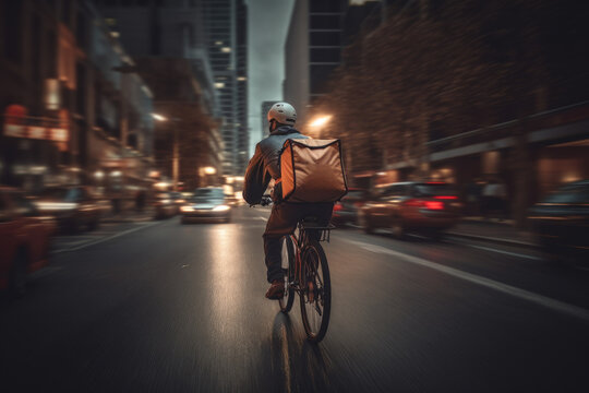 Delivery cyclist navigating through busy streets created with AI