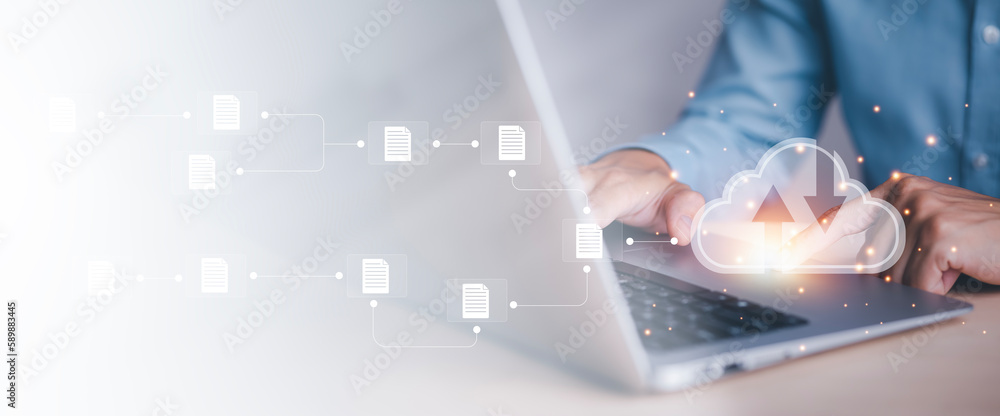 Poster business people using laptop with cloud computing system , storage and data transfer cloud network, 