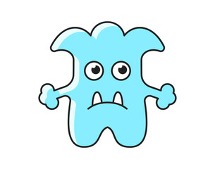 Cute monster icon. Sad kawaii mutant with sharp fangs or teeth. Unusual baby alien or fabulous creature. Scary funny character. Cartoon flat vector illustration isolated on white background