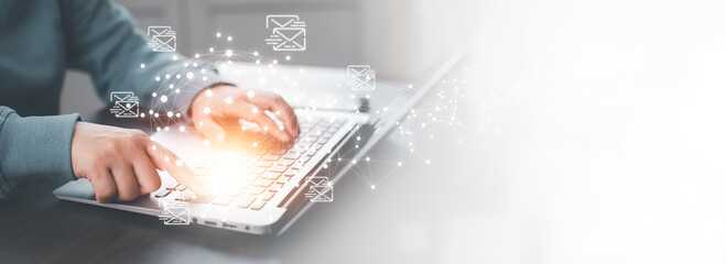 Business people using laptop for sending the e-mail computer, Email and SMS marketing concept....