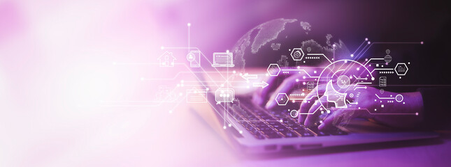 Programmer people working laptops or smartphones with AI, artificial intelligence software engineer coding on laptop computers with technology icons and binary code, big data, Ai bot digital machine