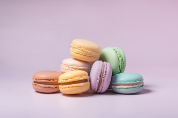 Delicious, sweet tasty dessert. Pastel colorful macaroons, treat and dessert. Small cookies that bring happiness. Illustration, Generative AI.