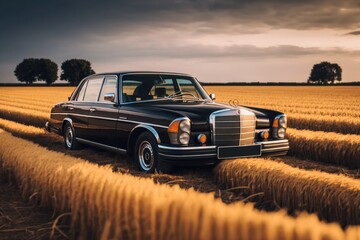 Shiny Black Mercedes W107 on a Cornfield with Sleek Rims - obrazy, fototapety, plakaty