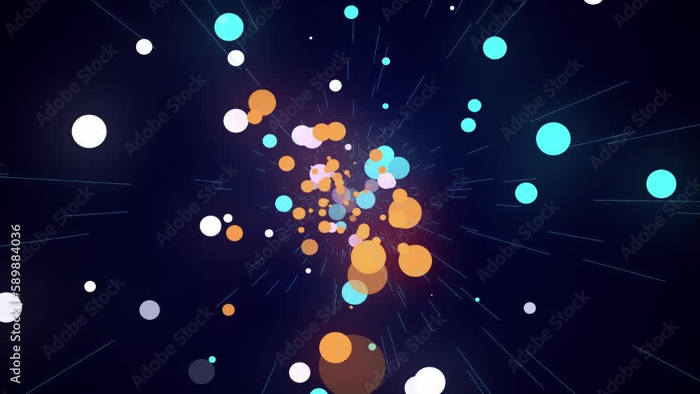 Poster flying colorful balls and lines in dark space. flying particles in empty space. dynamic shape.