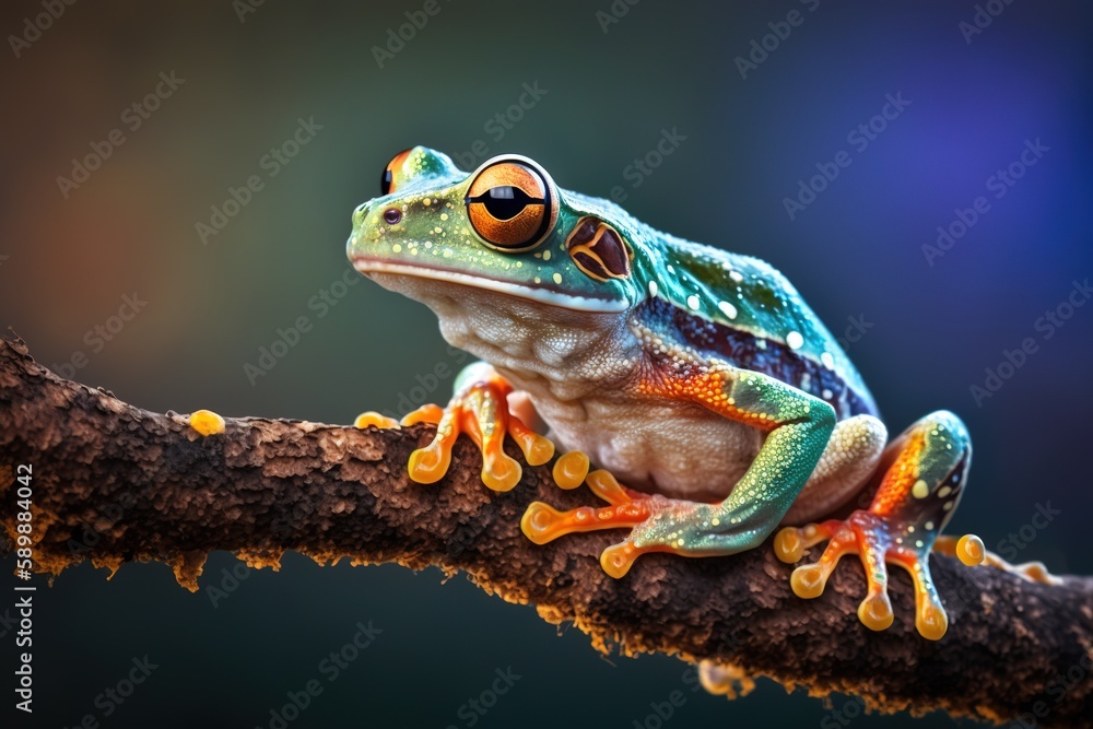 Poster tree frogs flying frog resting on a tree with bokeh backdrop generative ai