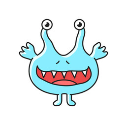 Cute monster icon. Colorful sticker with blue alien creature or smiling kind mutant. Design for Happy Halloween. Scary funny character. Cartoon flat vector illustration isolated on white background