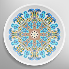 Decorative plate with round ornament in ethnic style. Mandala circular abstract geometric floral pattern. Fashion background with ornate dish. Interior home decor, vector illustration