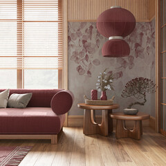 Japanese living room with wallpaper and wooden walls in red and beige tones. Parquet floor, fabric sofa, carpets and decors. Minimal japandi interior design
