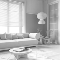 Total white project draft, japandi living room with wooden walls. Parquet floor, fabric sofa, carpets and paper lamp. Japanese interior design