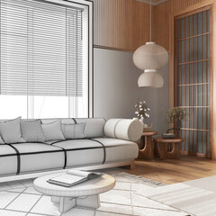 Architect interior designer concept: hand-drawn draft unfinished project that becomes real, japandi living room with wooden walls. Parquet, sofa and paper lamp. Japanese style