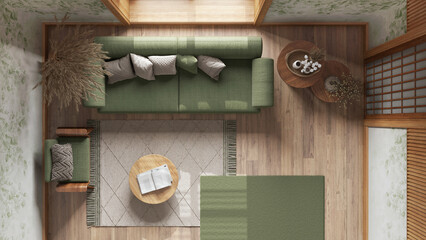 Japandi living room with wallpaper and wooden walls in green and beige tones. Parquet, fabric sofa, carpets and decors. Japanese interior design. Top view, plan, above
