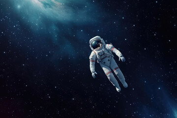 Alone levitating astronaut in starry deep space