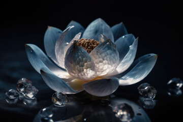 Iced and glassy lotus blossom with crystals around on dark background