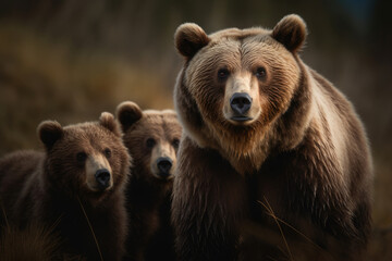 Fierce and protective mother bear with her cubs created with AI
