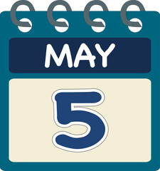Flat icon calendar 5 of May. Date, day and month. Vector illustration . Blue teal green color banner. 5 May. 5th of May.
