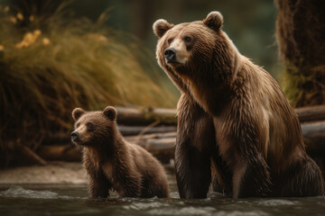 Obraz premium Fierce and protective mother bear with her cubs created with AI