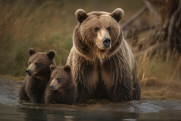 Obraz na płótnie Canvas Fierce and protective mother bear with her cubs created with AI