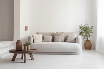 Naklejka premium View of modern Mediterranean style interior with sofa. Home staging and minimalism concept - Generative AI