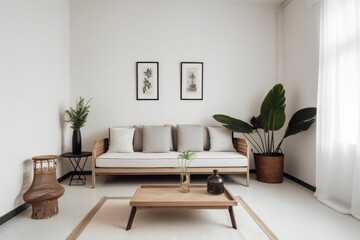 Fototapeta na wymiar View of modern Mediterranean style interior with sofa. Home staging and minimalism concept - Generative AI