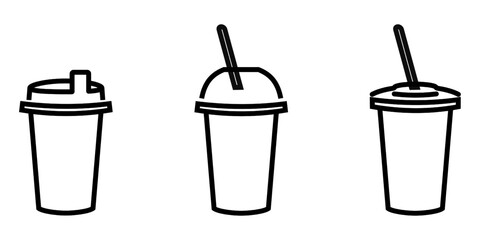 Disposable coffee, tea cup in three variants. With straw, flat lid, dome lid. Pictogram design. Line art. Plastic trash. For icon, logo, sign. Outline minimalist vector illustration isolated on white
