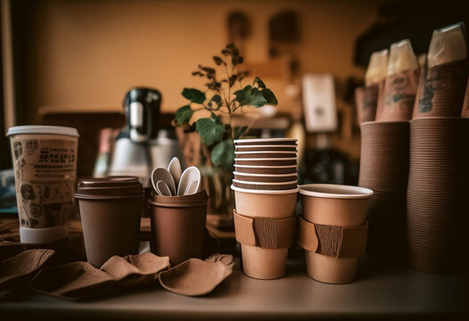 CAFETERIA CON MATERIAL BIODEGRADABLE Y COMPOSTABLE. ILUSTRACION. COLOR. IA GENERATIVA. HORIZONTAL