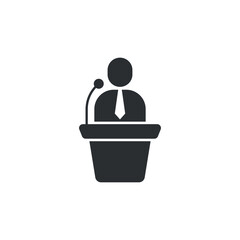 Speaker icon in flat style. Conference podium vector illustration on isolated background. Public speech sign business concept.