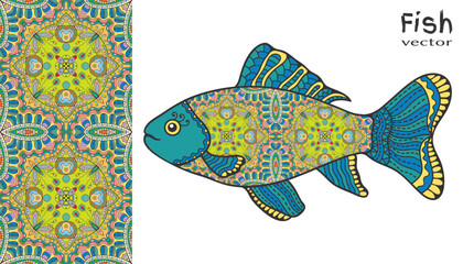 Hand drawn stylized sea fish and colorful doodle seamless pattern. Cartoon animal collection. Isolated elements for textile fabric, paper print, invitation or greeting card design. Ocean life.