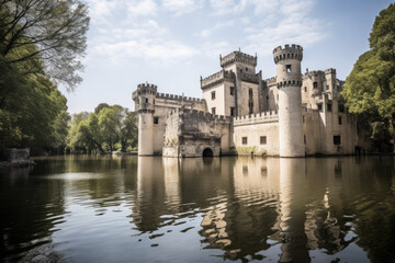 Fototapeta premium Grand castle with soaring spires and secret passageways, surrounded by a moat created with AI